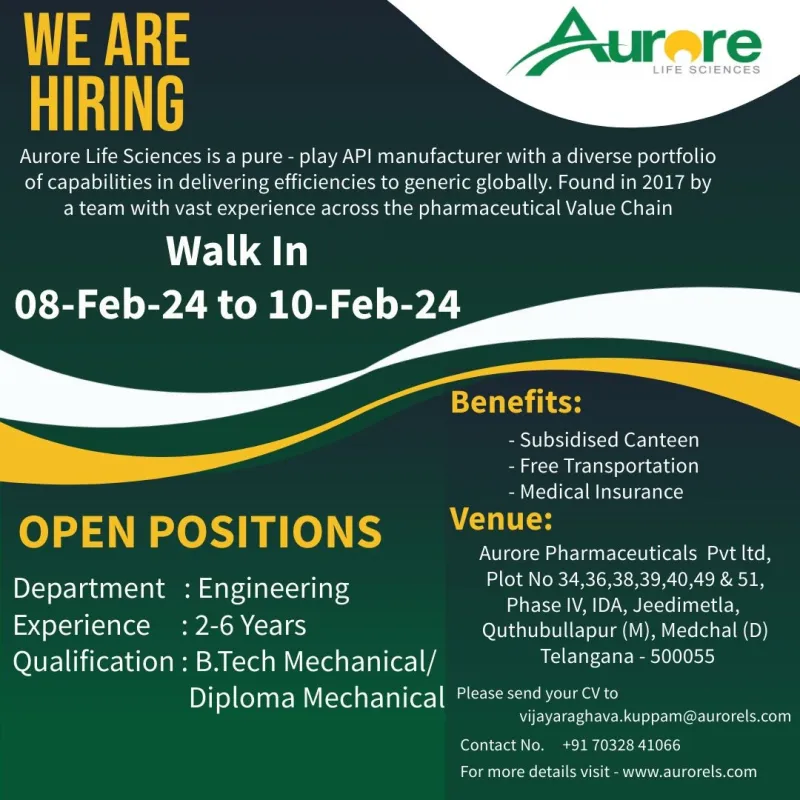 Aurore Pharmaceuticals - Walk-In Drive for Freshers & Experienced in Production, Engineering on 8th - 10th Feb 24